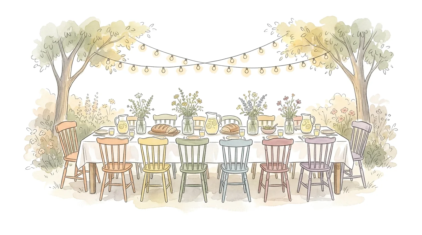 A long table set in a garden for a gathering, with many chairs, wildflowers and string lights.