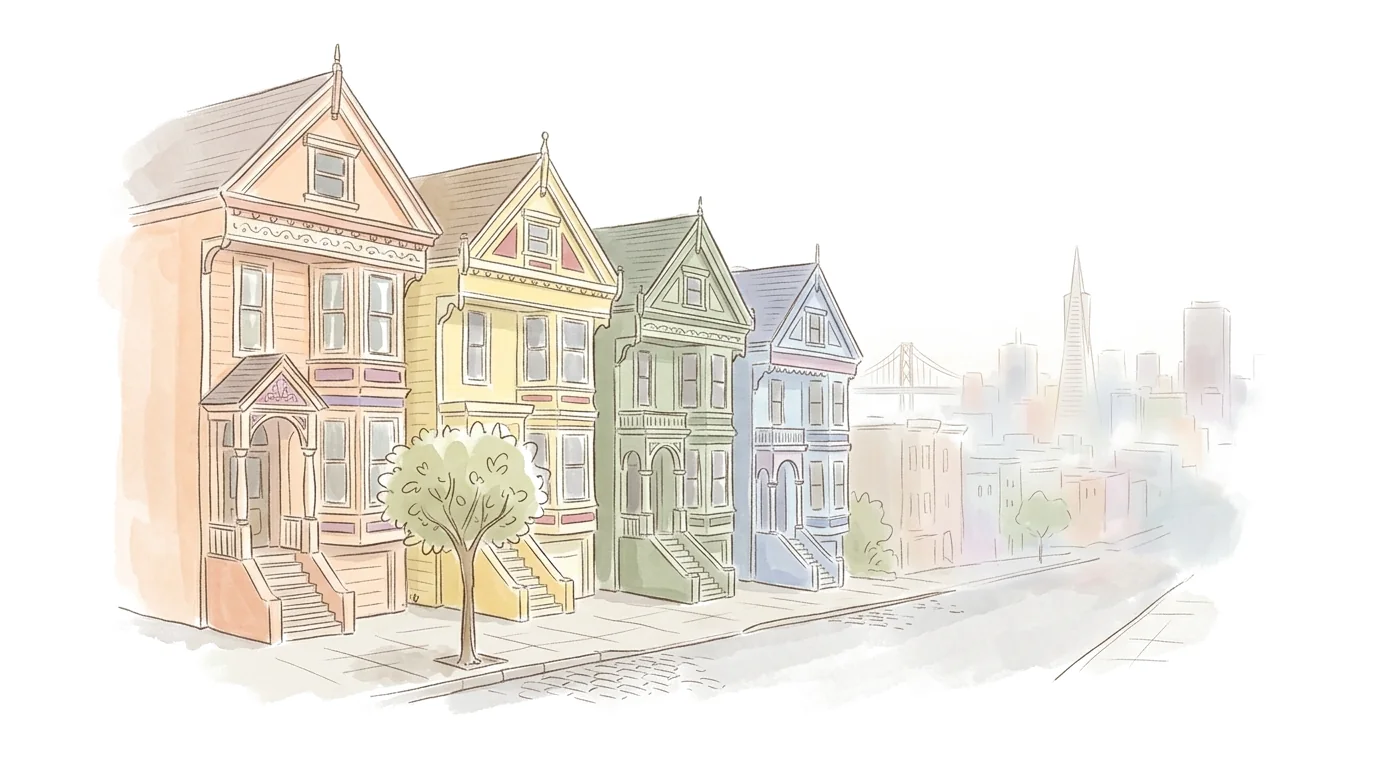A row of pastel Victorian houses on a San Francisco hill in the morning fog.